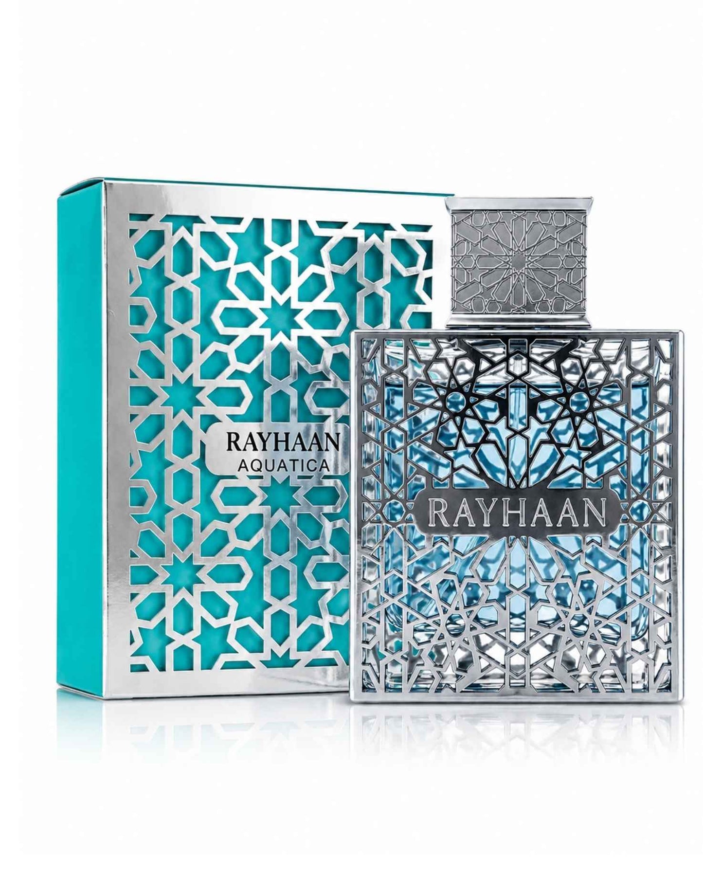Rayhaan Aquatica Eau de Parfum bottle with silver geometric lattice frame standing next to its teal and silver packaging box.