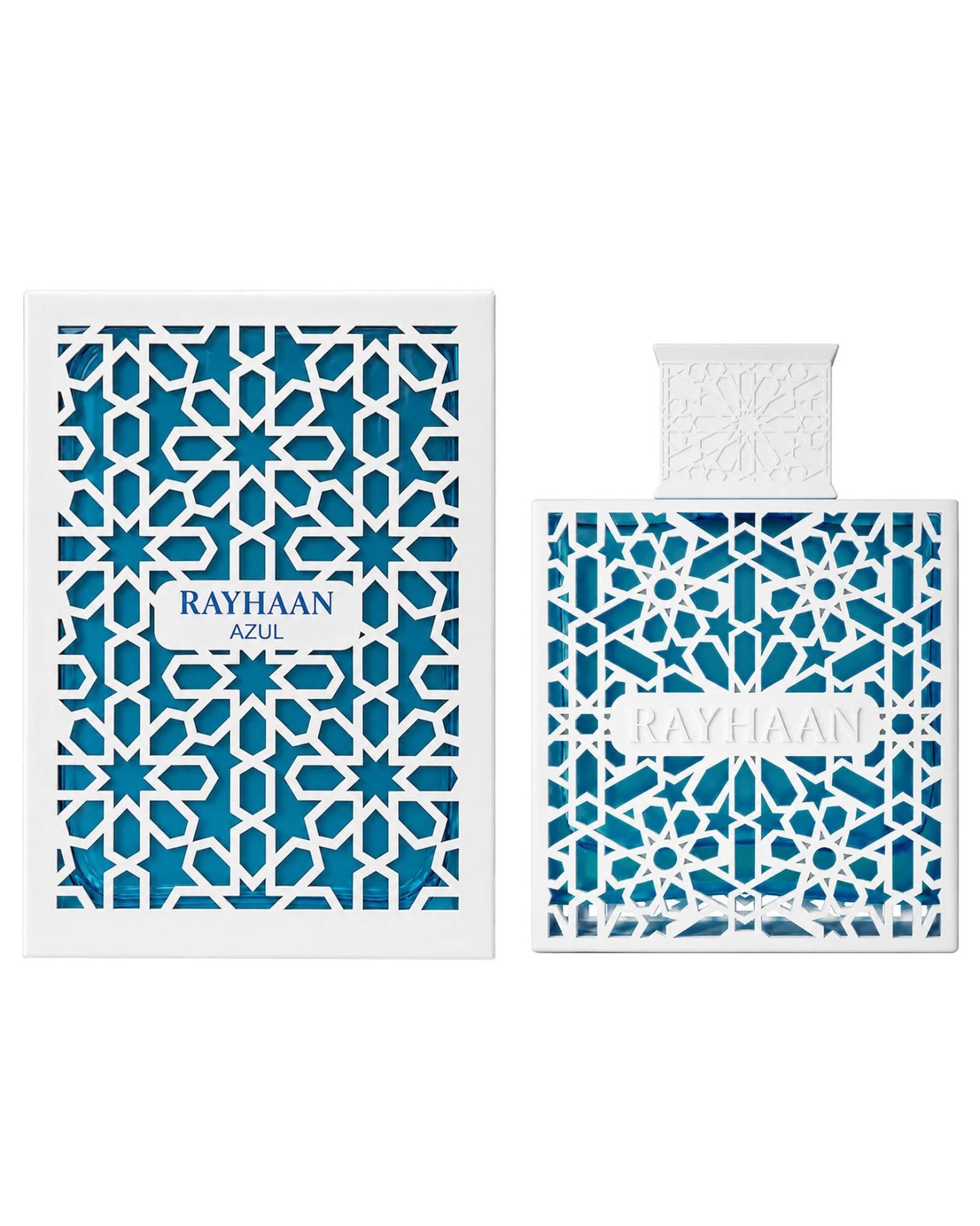 Rayhaan Azul perfume presentation showing the product box on the left and the bottle on the right, both featuring a striking white geometric lattice overlay over vibrant blue glass.