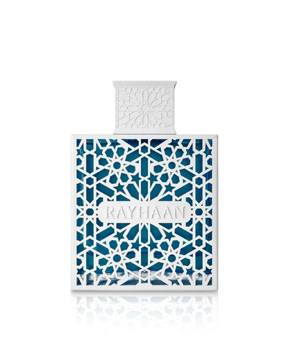 Front view of Rayhaan azul perfume luxury fragrance bottle with white Middle Eastern-inspired geometric overlay and blue cologne inside.
