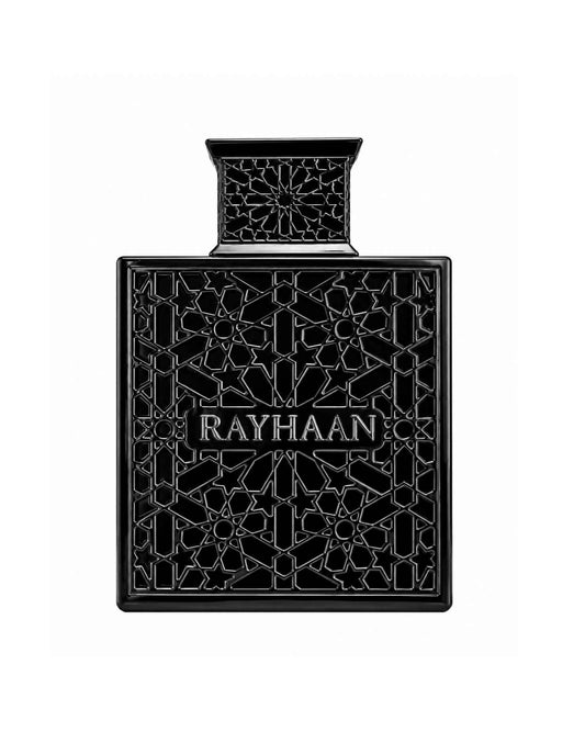 Rayhaan Eau de Parfum glossy black bottle featuring an intricate geometric lattice pattern overlay against a plain white background.