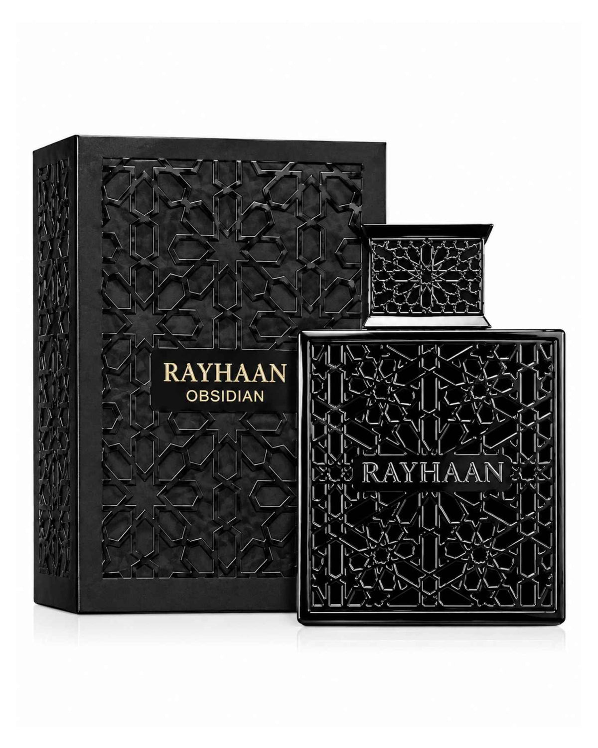 Rayhaan Obsidian Eau de Parfum black geometric latticed bottle displayed next to its matching textured black packaging box.