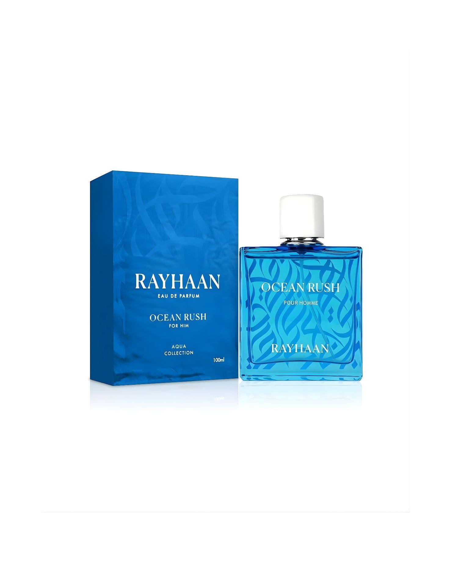 Rayhaan Ocean Rush Eau De Parfum for Him 100ml blue bottle and matching product box, from the Aqua Collection.