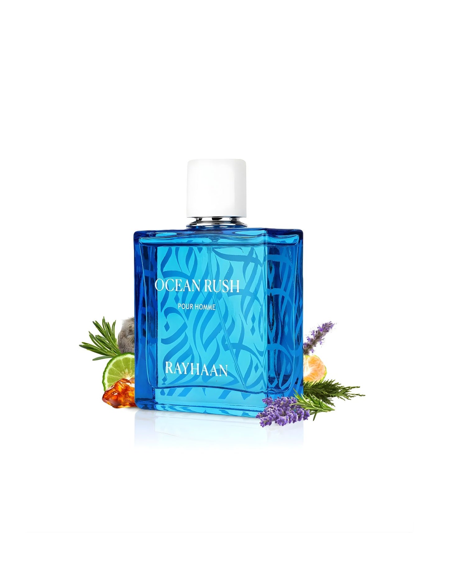 Rayhaan Ocean Rush Pour Homme cologne bottle with blue liquid, displayed alongside aromatic ingredients like lavender, rosemary, citrus, and amber.
