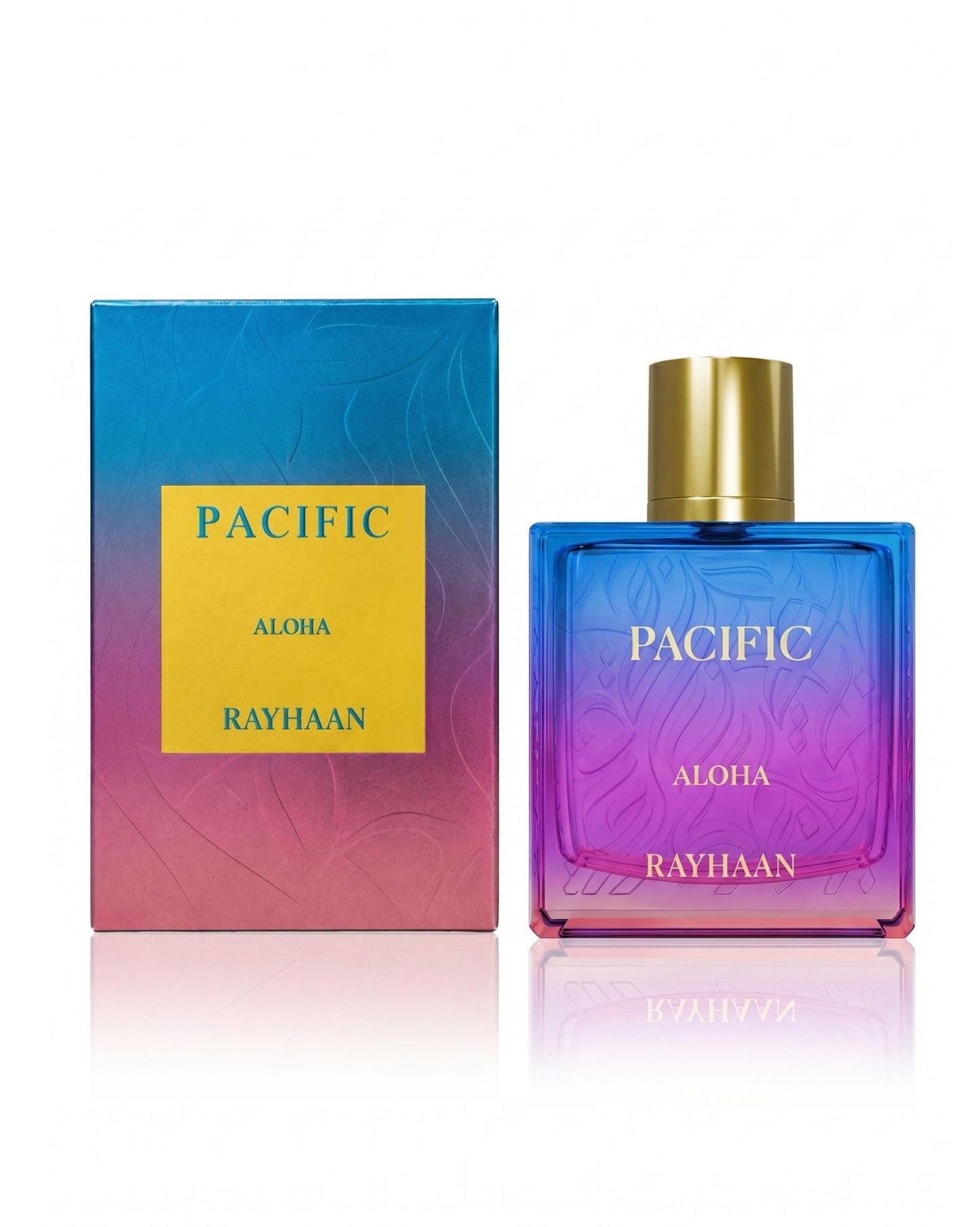 Rayhaan Pacific Aloha perfume bottle with its matching packaging box, featuring a blue, purple, and pink gradient design and gold accents.