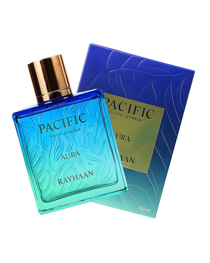 Rayhaan Pacific Aura Pour Homme 100ml fragrance bottle next to its dark blue and green packaging box, showcasing the full retail product.