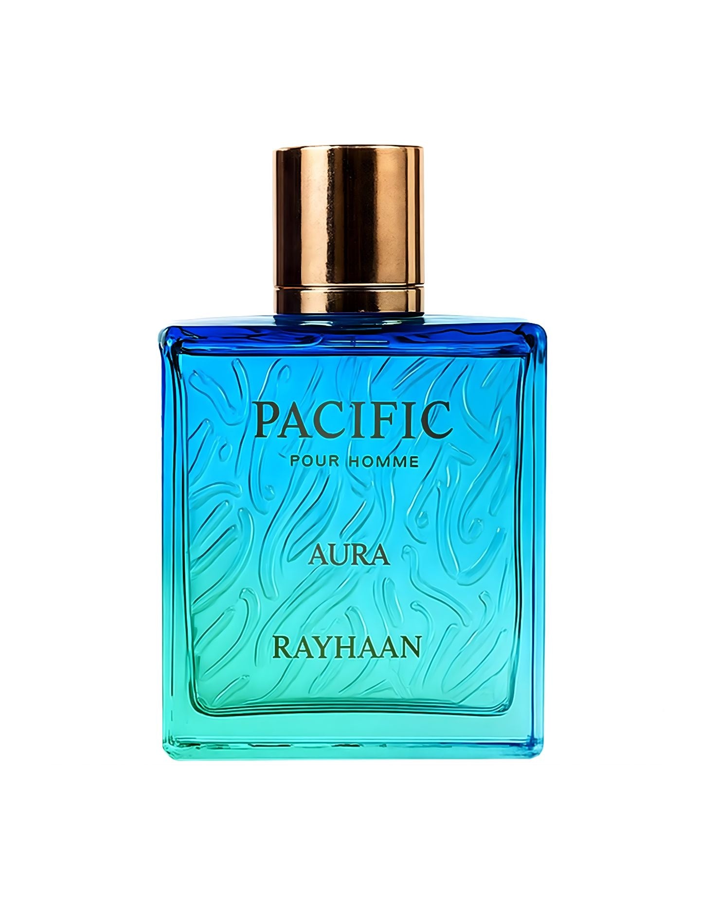 Isolated shot of the Rayhaan Pacific Aura Pour Homme fragrance bottle, showing its blue-to-teal gradient glass design with embossed wave pattern and luxury gold cap.