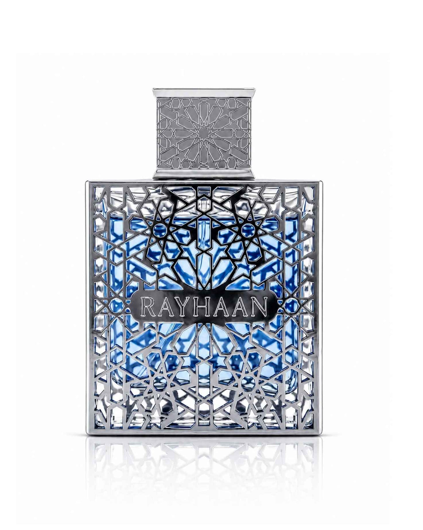 Rayhaan perfume bottle filled with light blue liquid inside an ornate silver cage with geometric lattice work.