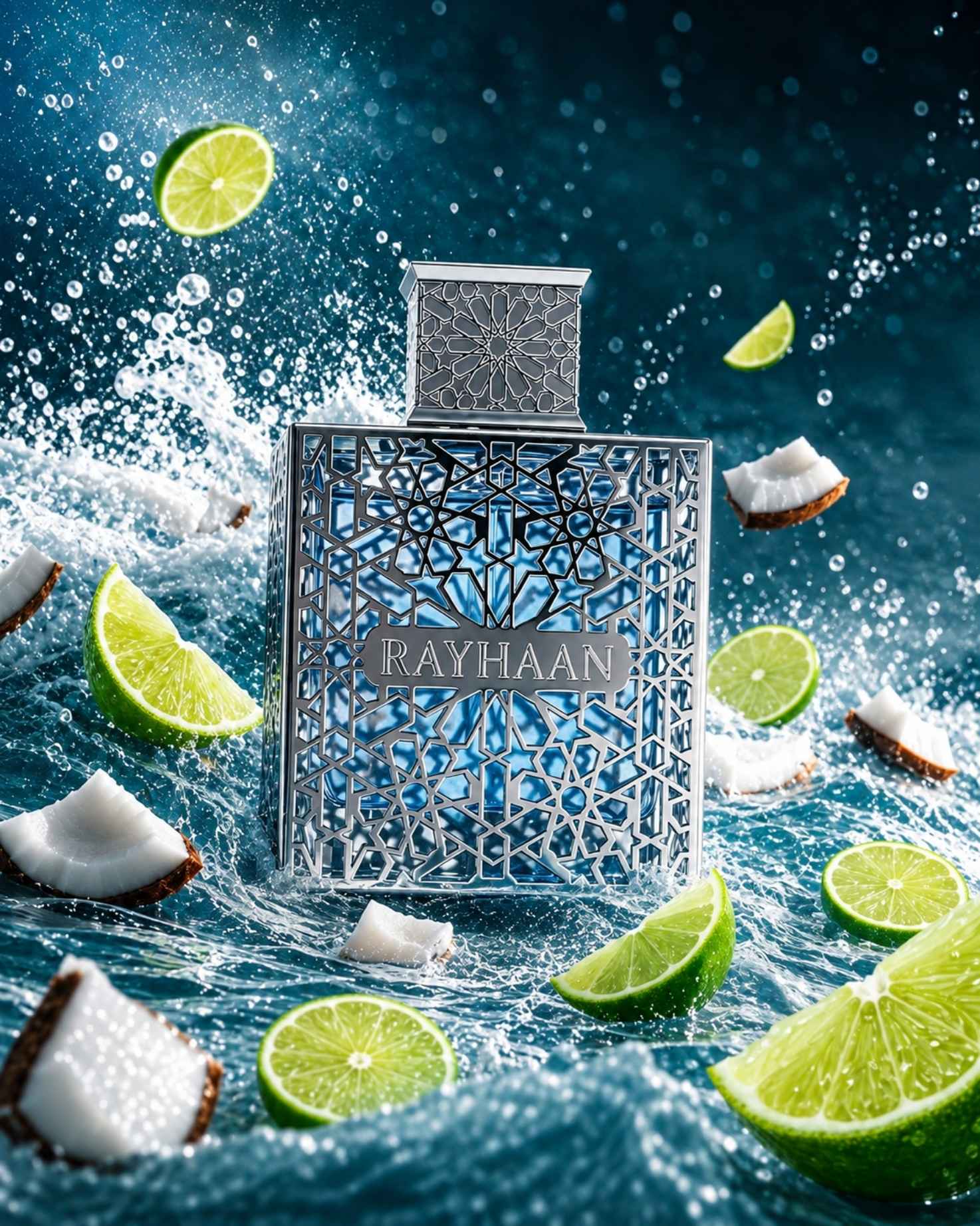 Rayhaan perfume bottle surrounded by splashing water, sliced fresh limes, and coconut chunks against a dark blue aquatic background.