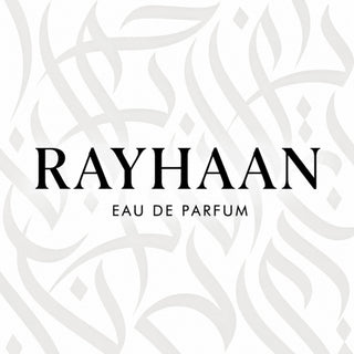 Rayhaan Eau de Parfum brand logo featuring bold black text centered on a white background with subtle grey Arabic calligraphy watermark patterns