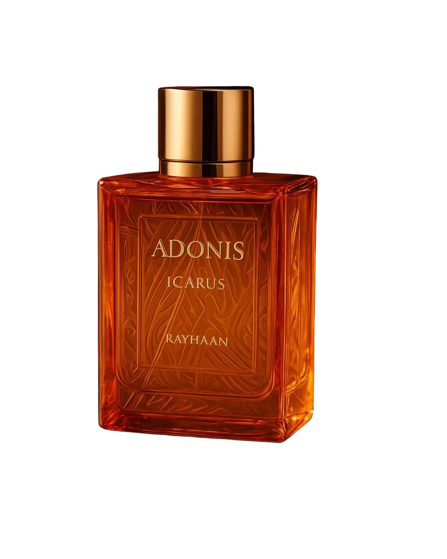 Square, deep amber-colored glass perfume bottle with a raised, intricate feather or foliage pattern on the sides. It has a gold, reflective cap and the text "ADONIS," "ICARUS," and "RAYHAAN" engraved in gold on the front.