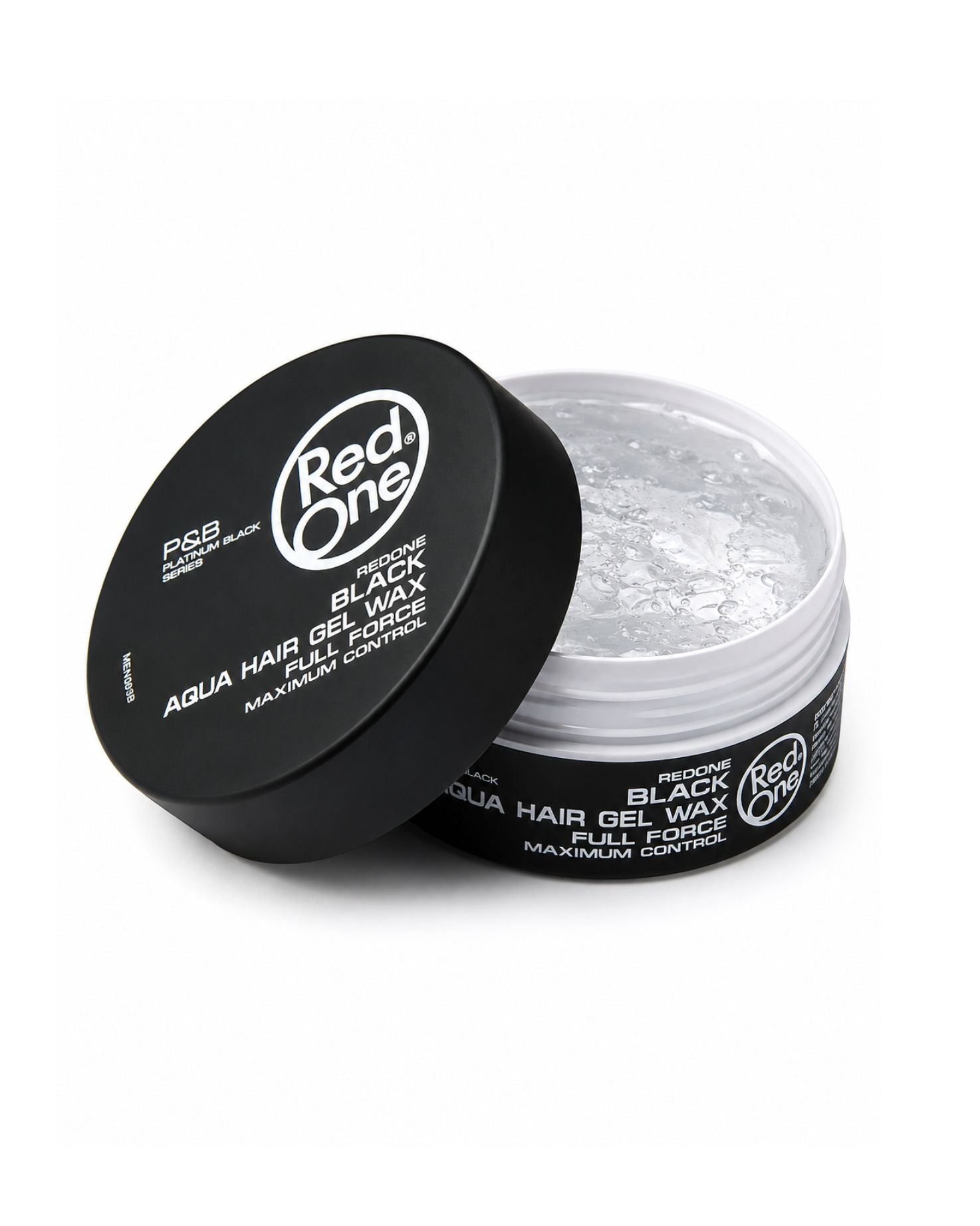 Open tub of Red One Black Aqua Hair Gel Wax showing the clear styling gel inside alongside its black lid.