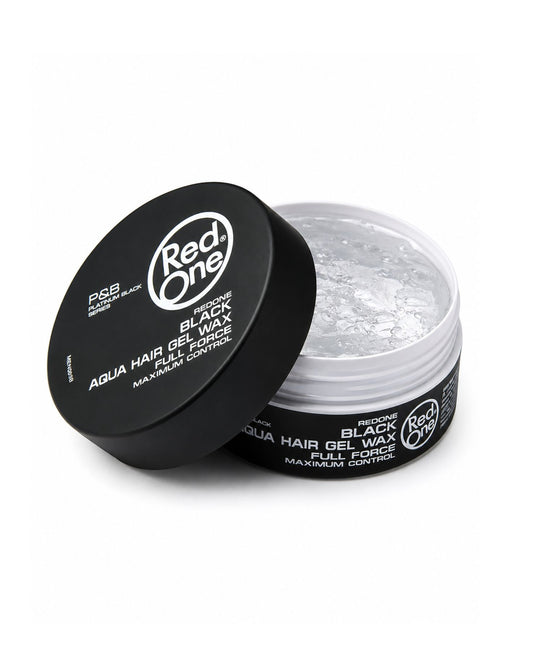 Open tub of Red One Black Aqua Hair Gel Wax showing the clear styling gel inside alongside its black lid.