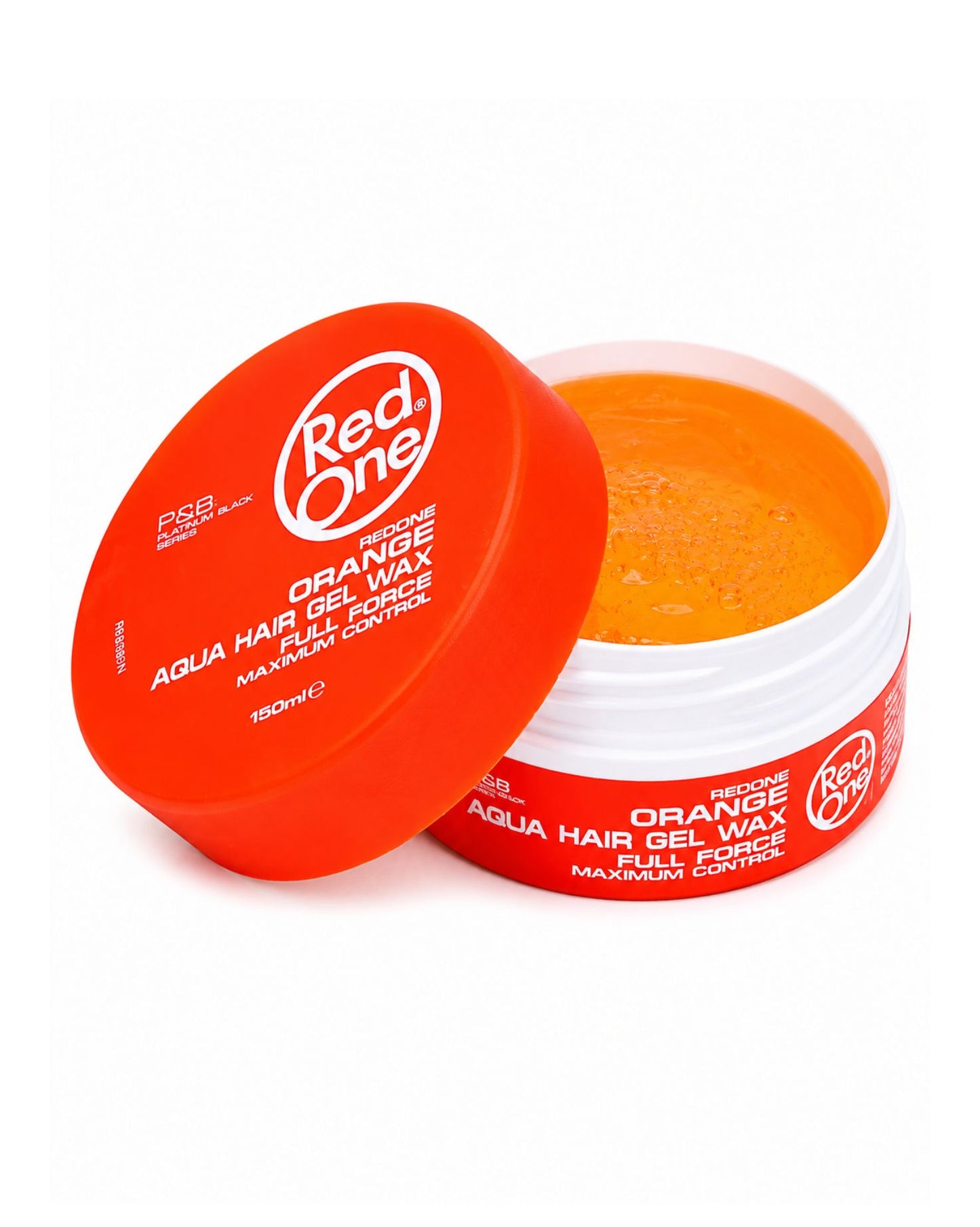 Red One Orange Aqua Hair Gel Wax 150ml jar opened to reveal the vibrant orange gel wax texture.