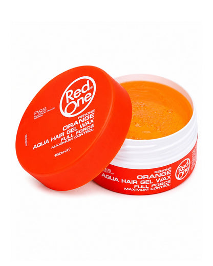 Red One Orange Aqua Hair Gel Wax 150ml jar opened to reveal the vibrant orange gel wax texture.