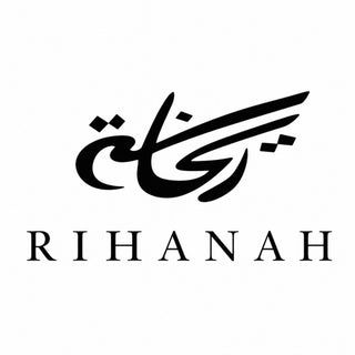 Official Rihanah brand logo featuring black English typography below stylized Arabic calligraphy.
