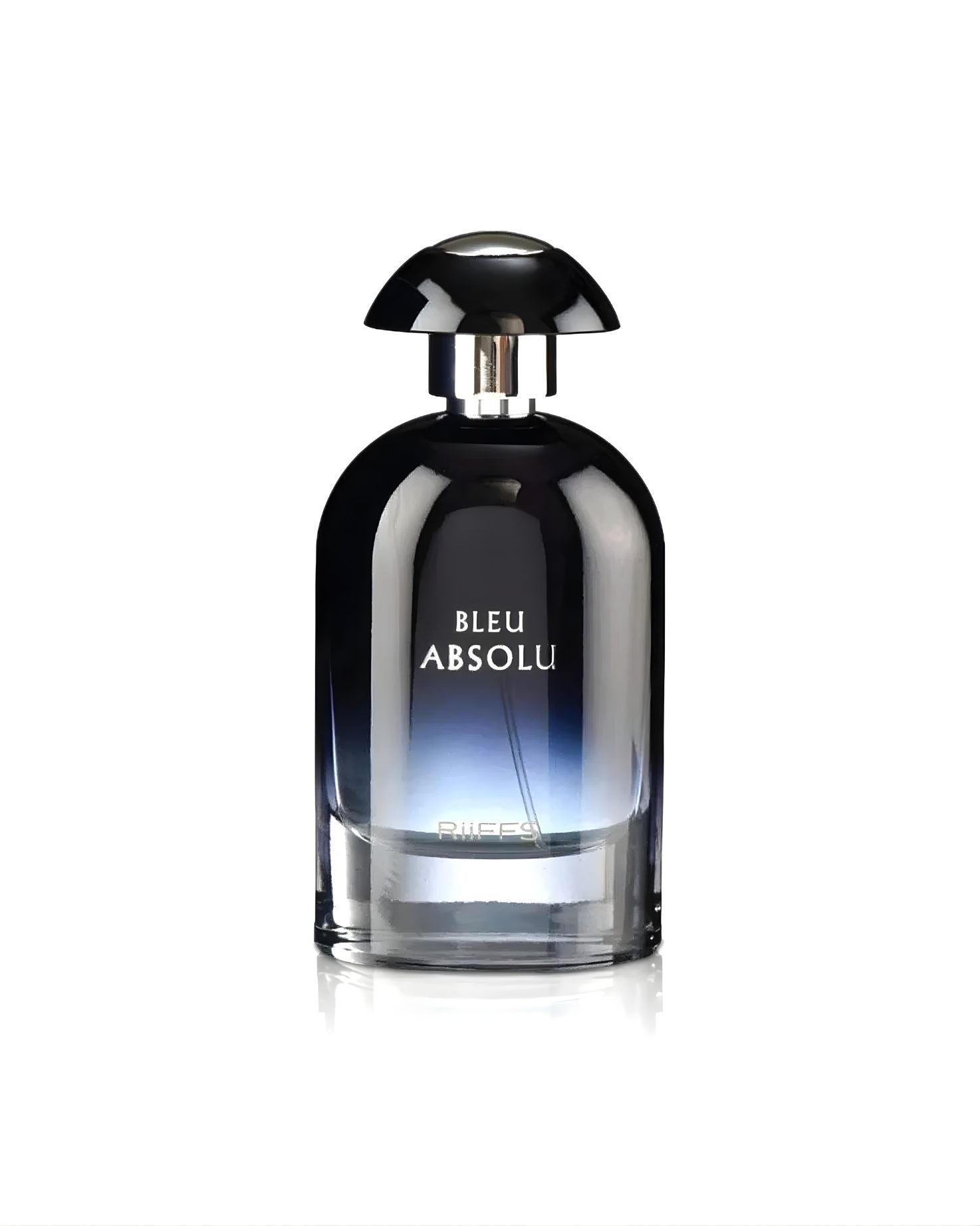 Riiffs Bleu Absolu EDP fragrance in a glossy, dark blue and black ombre bottle with a smooth black cap.