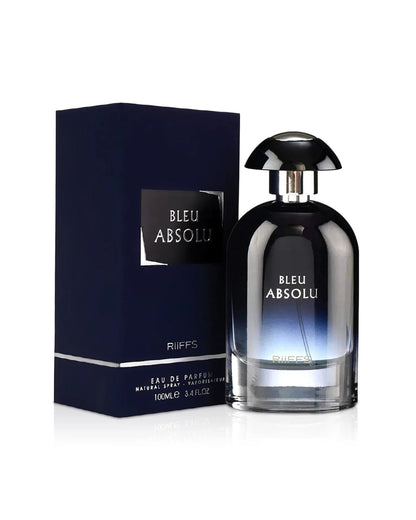 RiiFFS Bleu Absolu Edp, 100ml, showing the dark blue bottle and matching rectangular packaging box.