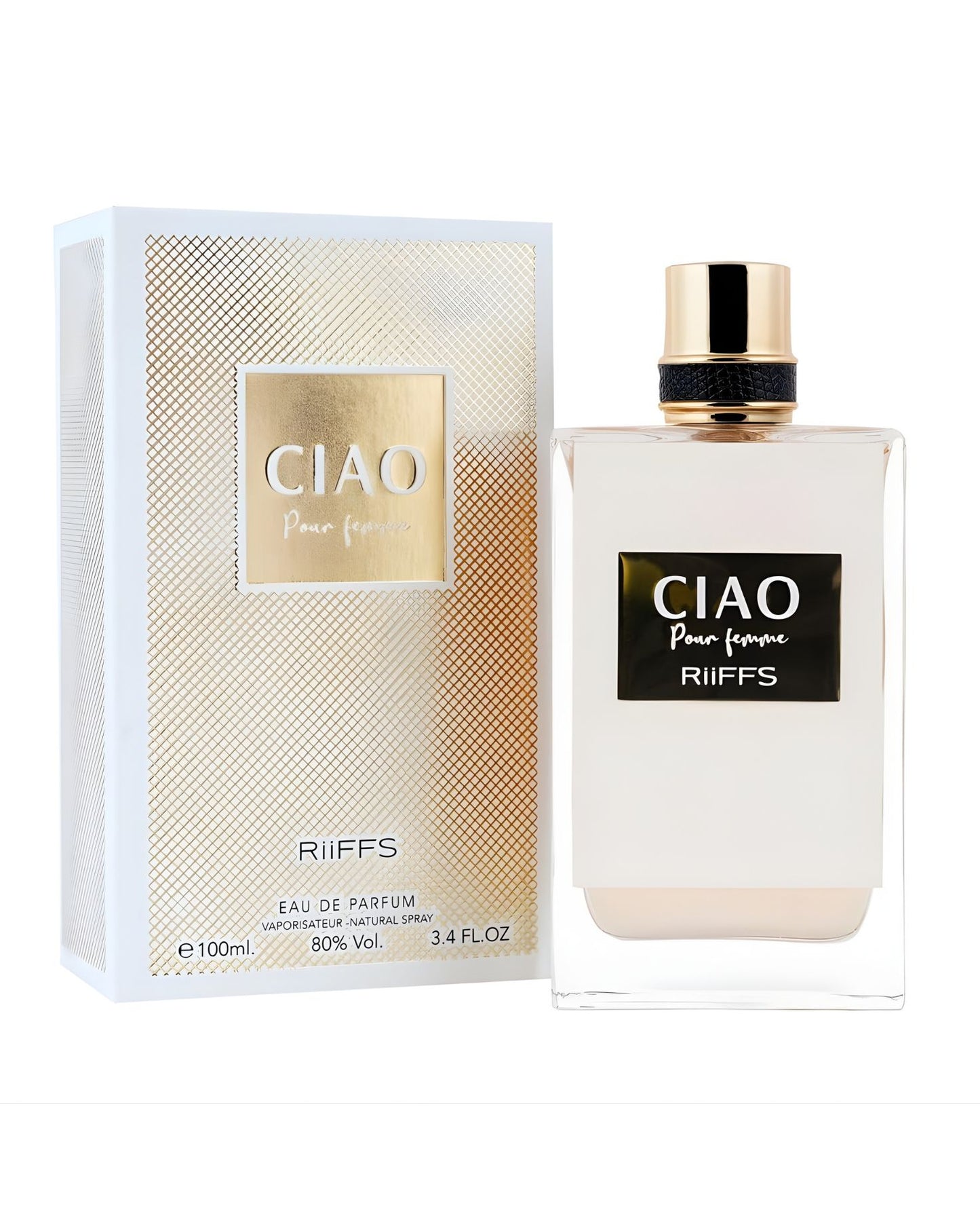 A 100ml bottle of Riiffs Ciao Pour Femme EDP standing next to its white and gold patterned box.