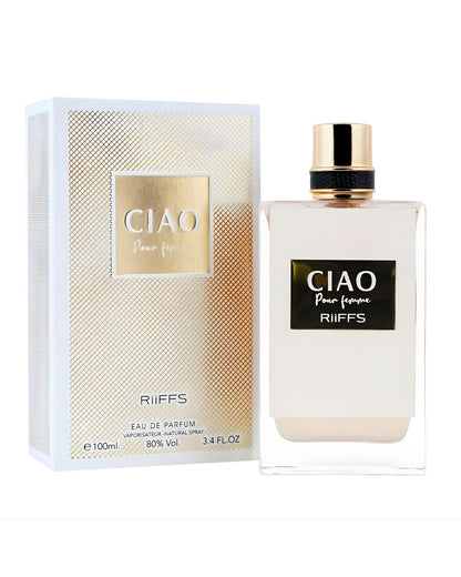 A 100ml bottle of Riiffs Ciao Pour Femme EDP standing next to its white and gold patterned box.