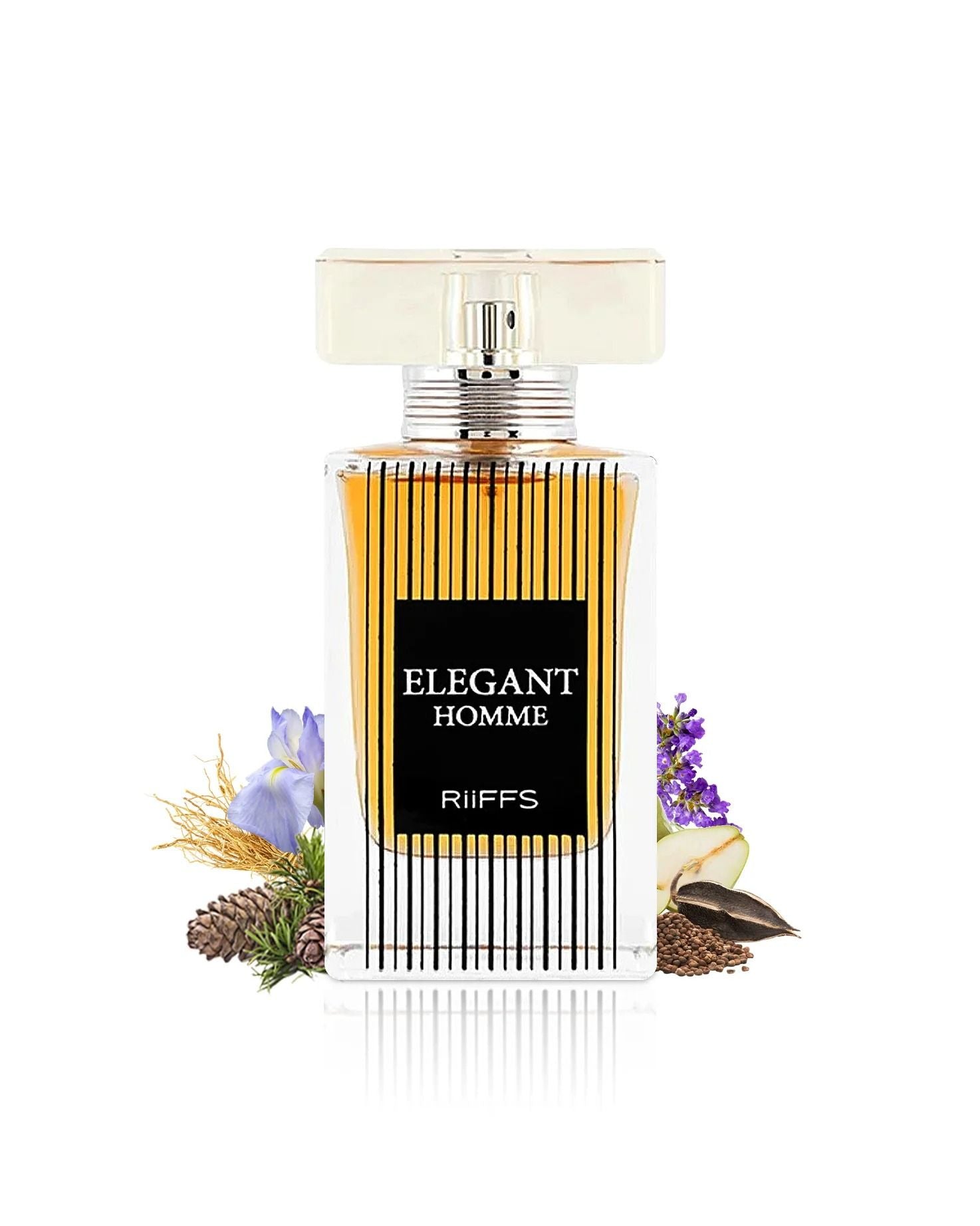 A clear product shot of RIFFS Elegant Homme Edp cologne bottle, featuring several fragrance notes such as a purple iris flower, lavender, pine cones, and spices surrounding the base of the bottle.