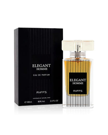 RIFFS Elegant Homme Edp men's cologne, showing the black box packaging and the clear glass bottle with a gold-accented cap.