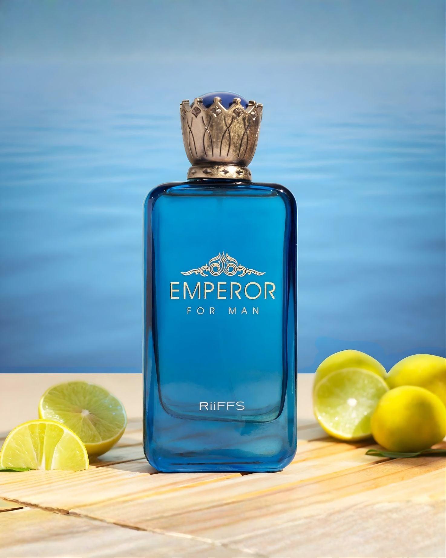 Riiffs Emperor For Man edp cologne bottle on a wooden surface with limes, set against a blue, watery background.