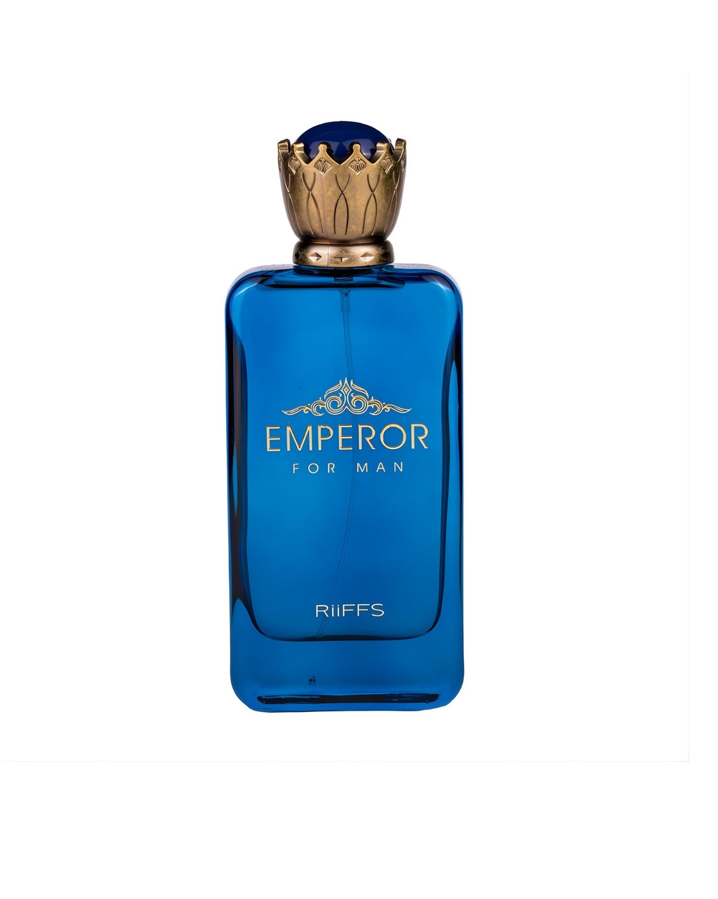 Riiffs Emperor For Man Edp fragrance in a royal blue bottle with a gold crown cap.