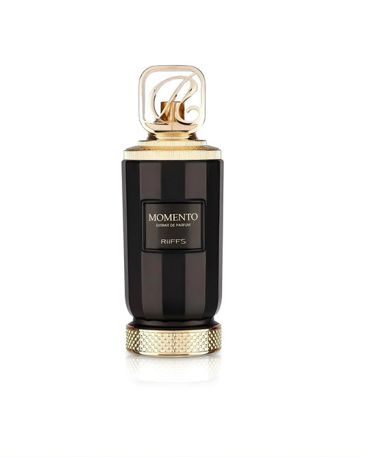 Elegant black and gold bottle of Riiffs Momento Extrait de Parfum, featuring a decorative gold base and a prominent gold cap with a stylized 'R' initial.