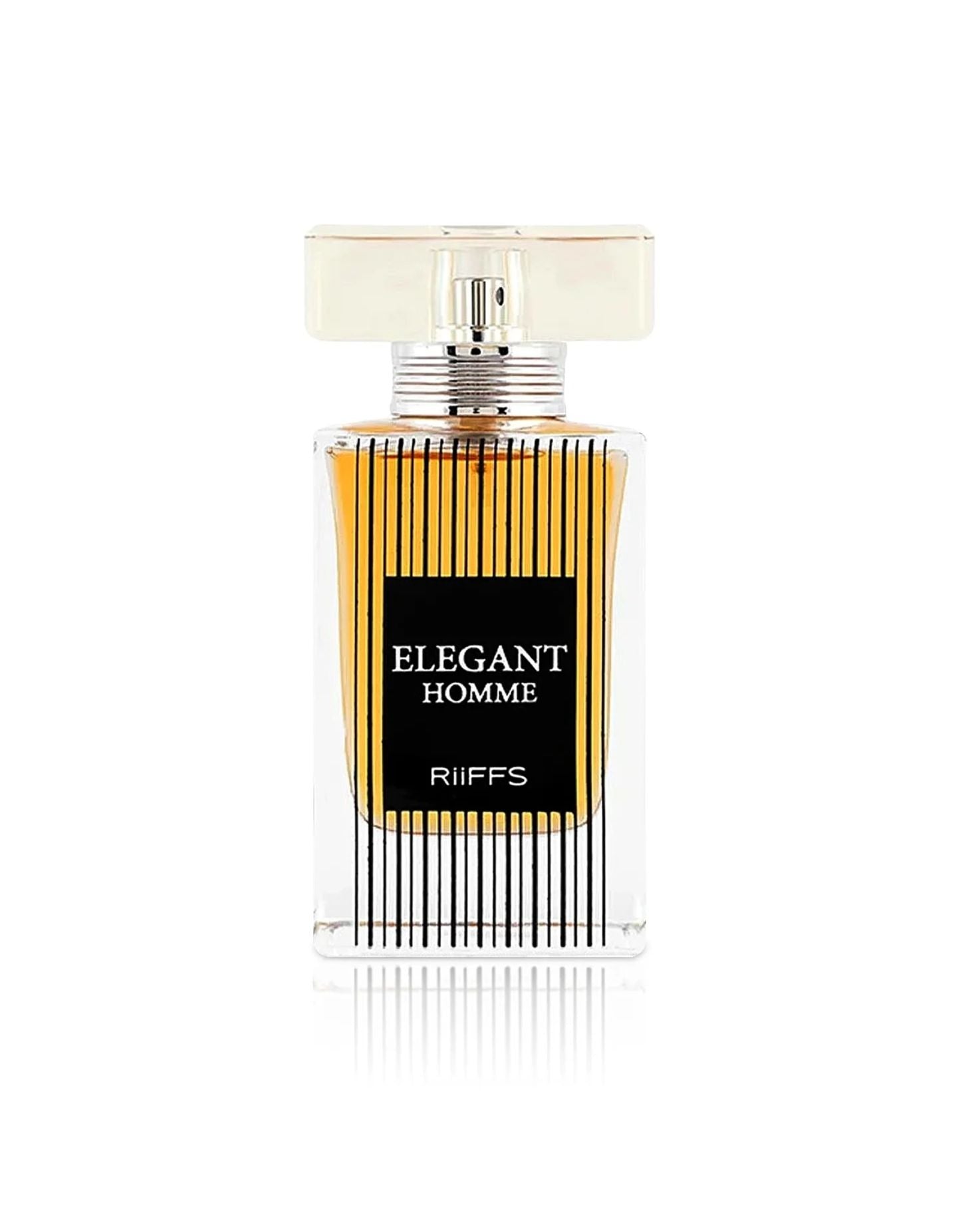 A bottle of RIIFFS Elegant Homme Edp perfume on a white background. The rectangular glass bottle has a clear base and is filled with a rich amber-colored liquid. The glass is decorated with vertical black stripes, and a central black label reads "ELEGANT HOMME" and "RIIFFS" in white text. It has a clear, rectangular cap.