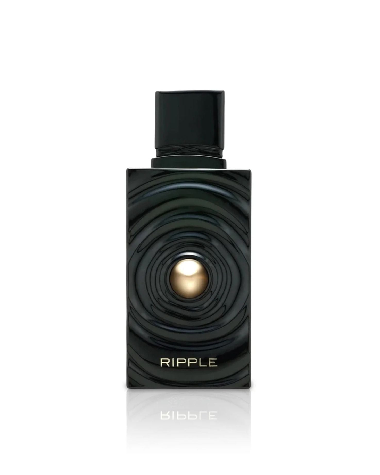 Ripple Edp by french avenue luxury fragrance in a modern black glass bottle with a gold emblem, isolated on a white background with reflection.