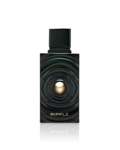 Ripple Edp by french avenue luxury fragrance in a modern black glass bottle with a gold emblem, isolated on a white background with reflection.