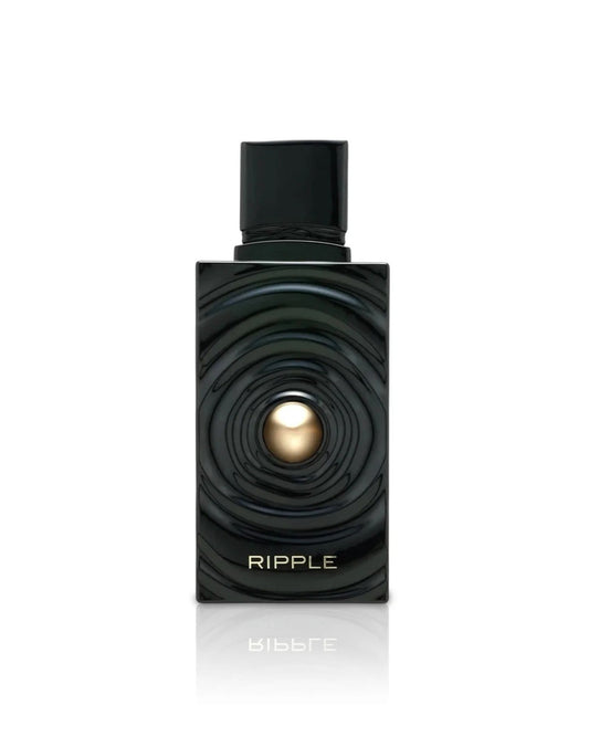 Ripple Edp by french avenue luxury fragrance in a modern black glass bottle with a gold emblem, isolated on a white background with reflection.