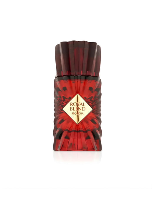 A small, rectangular perfume bottle labeled "Royal Blend Sequoia," featuring a dark red, marbled or tortoiseshell pattern, a deeply ribbed texture, and a gold diamond-shaped label, isolated against a white background.
