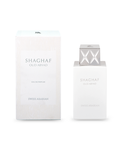 shaghaf oud abyad perfume bottle and box against white background