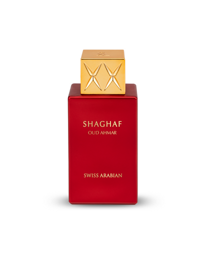 shaghaf Oud ahmar perfume bottle against white background.