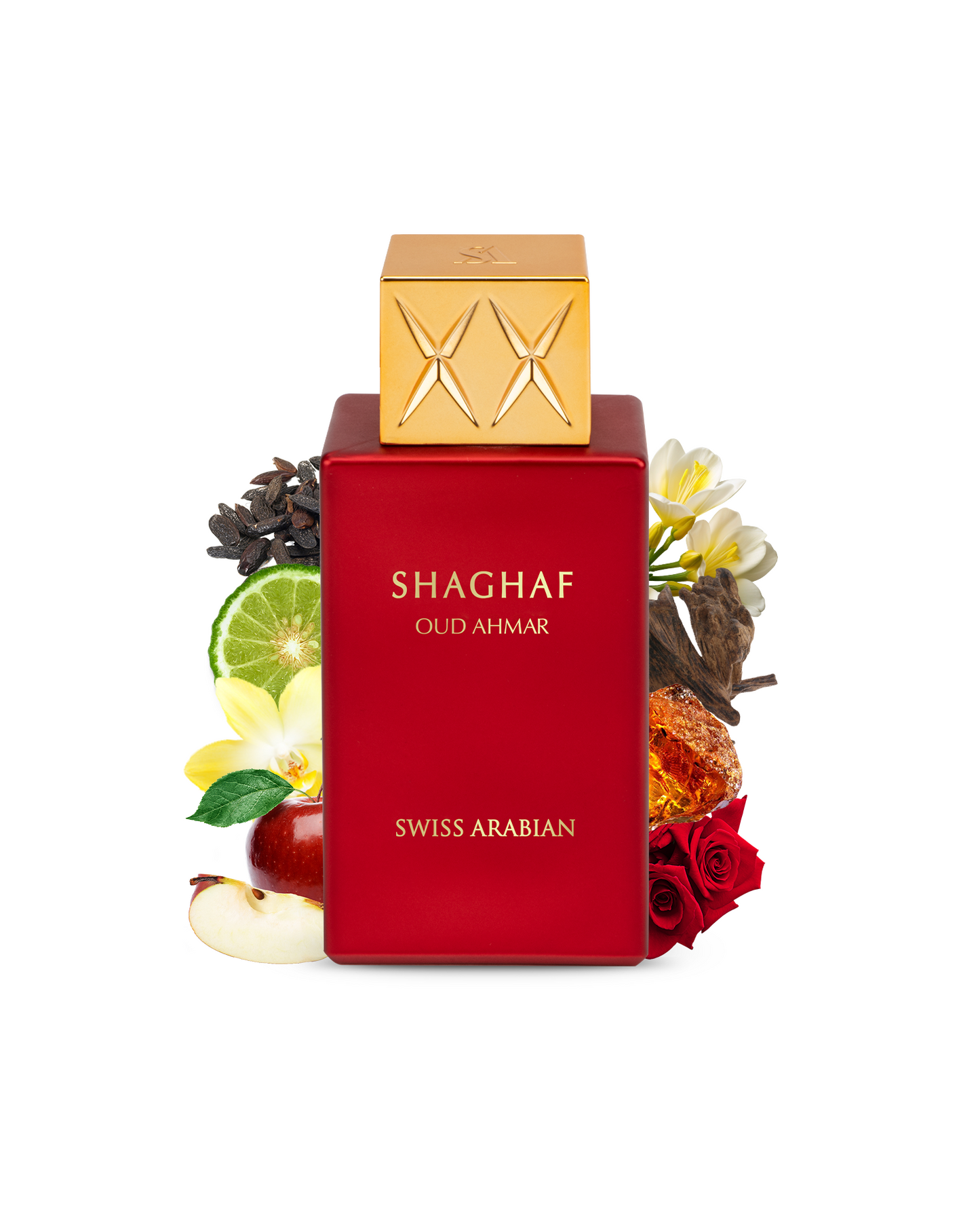 shaghaf oud ahmar perfume bottle showcased amidst its ingrdients of vanilla amber fava tonka oud