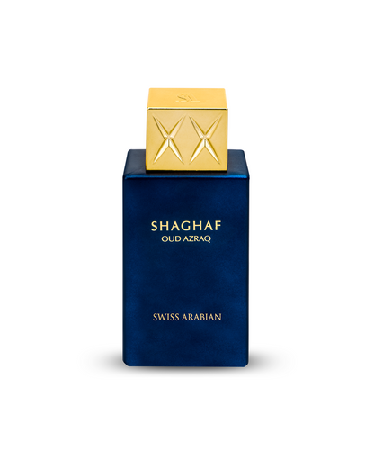 shaghaf oud azraq perfume bottle against white background