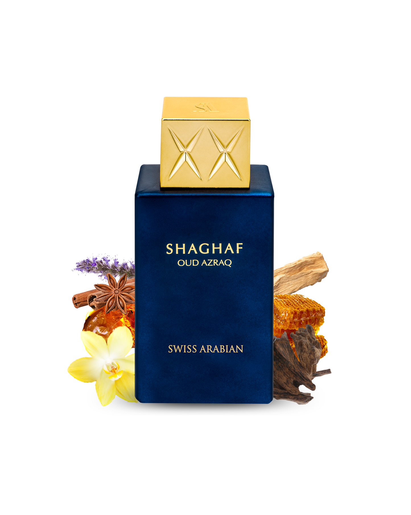 shaghaf oud azraq perfume bottle showcased amidst its ingrdients of vanilla amber lavender oud