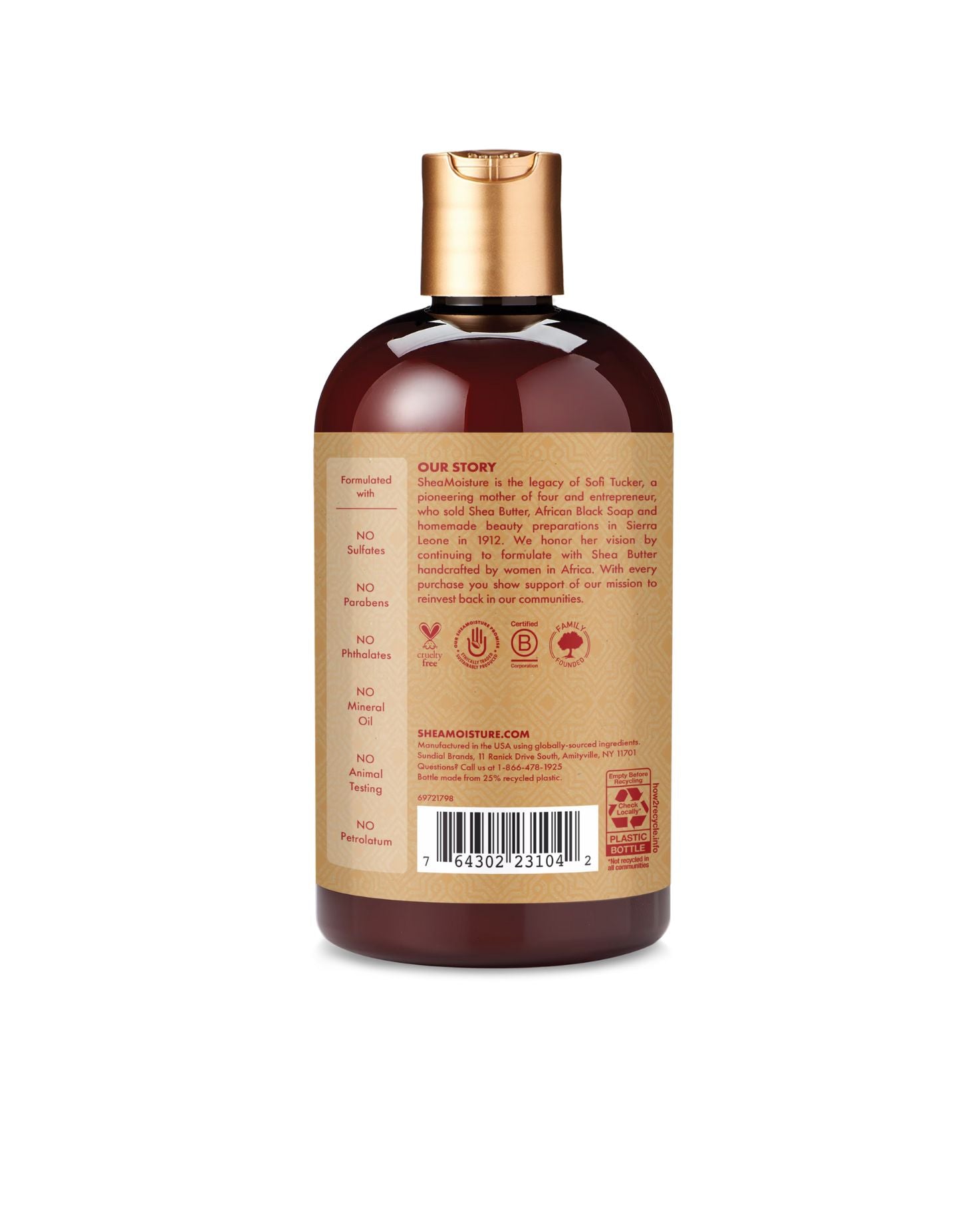 Product label for Shea Moisture Intensive Hydration Shampoo featuring the brand story of Sofi Tucker and a list of product benefits including no sulfates, parabens, phthalates, or mineral oil.