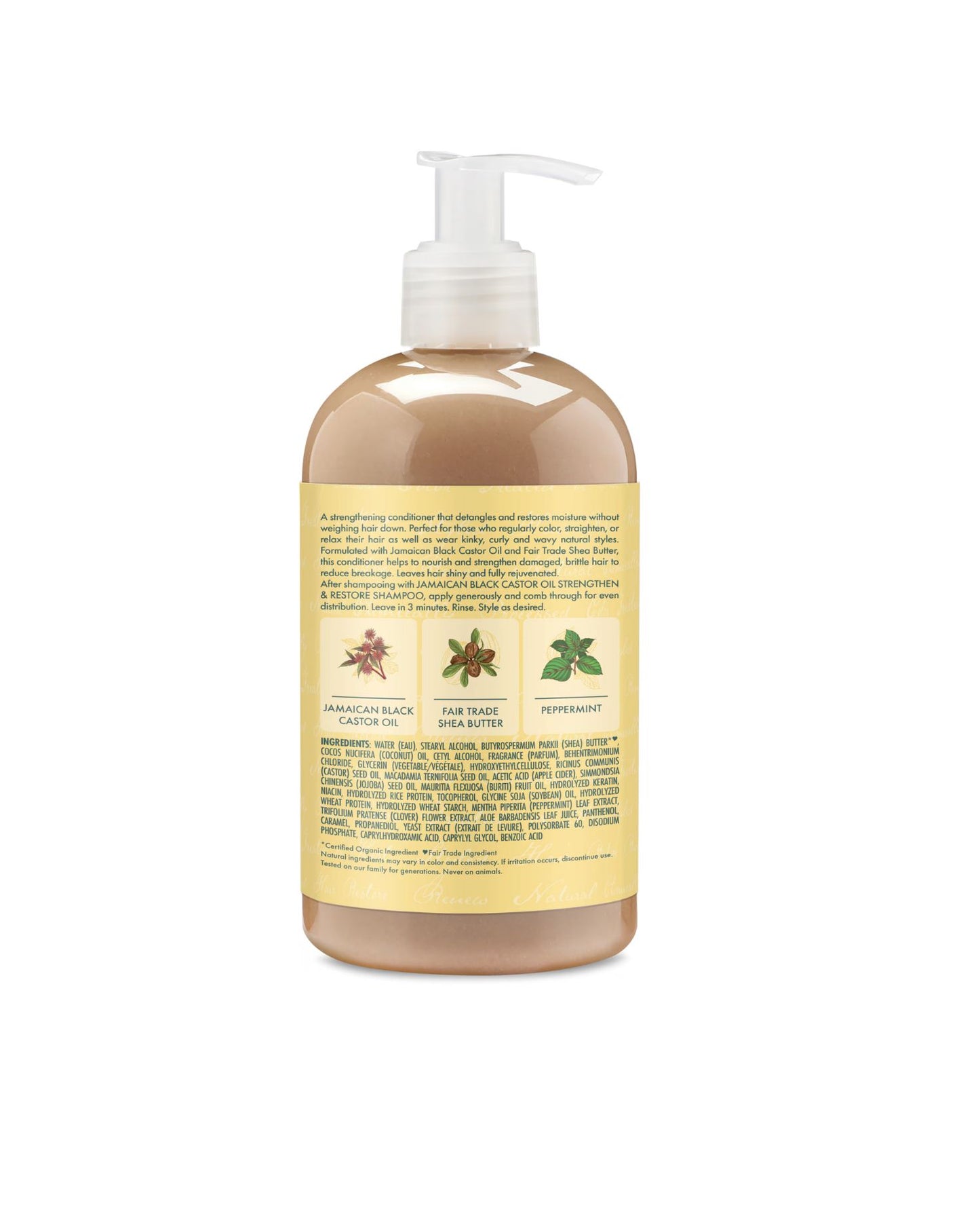 Back label of Shea Moisture Jamaican Black Castor Oil Conditioner showing ingredients list, usage instructions, and key benefits including Fair Trade Shea Butter and Peppermint.