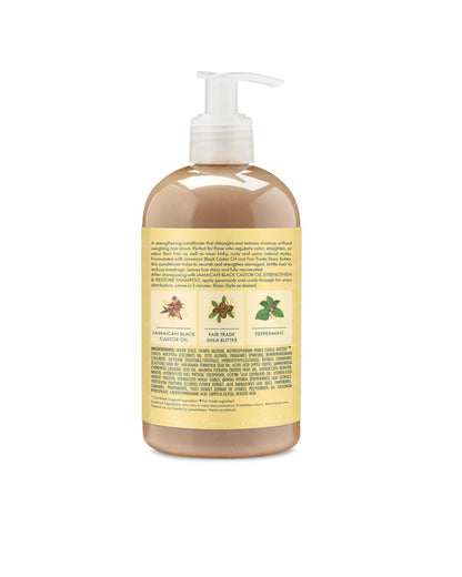Back label of Shea Moisture Jamaican Black Castor Oil Conditioner showing ingredients list, usage instructions, and key benefits including Fair Trade Shea Butter and Peppermint.