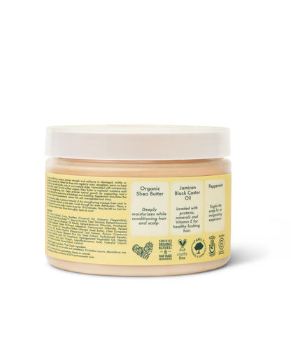 Back label of Shea Moisture Jamaican Black Castor Oil Treatment Masque showing ingredients list, usage instructions, and key benefits of Organic Shea Butter, Jamaican Black Castor Oil, and Peppermint.