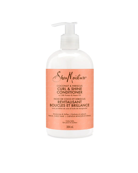 13 oz bottle of Shea Moisture Coconut and Hibiscus Curl and Shine Conditioner with pump dispenser, formulated for thick curly hair.