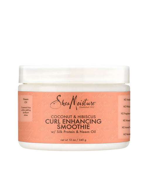 Shea Moisture Coconut and Hibiscus Curl Enhancing Smoothie for thick, curly hair in a 12 ounce jar.