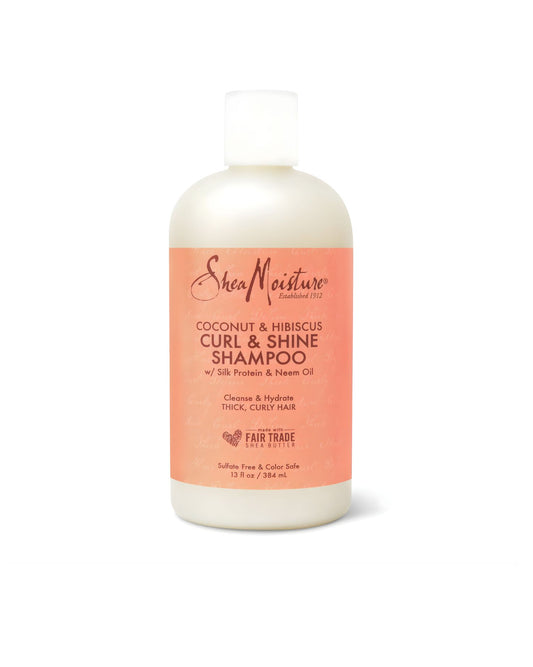 Bottle of Shea Moisture Coconut and Hibiscus Curl and Shine Shampoo for thick curly hair, 13 fluid ounces.