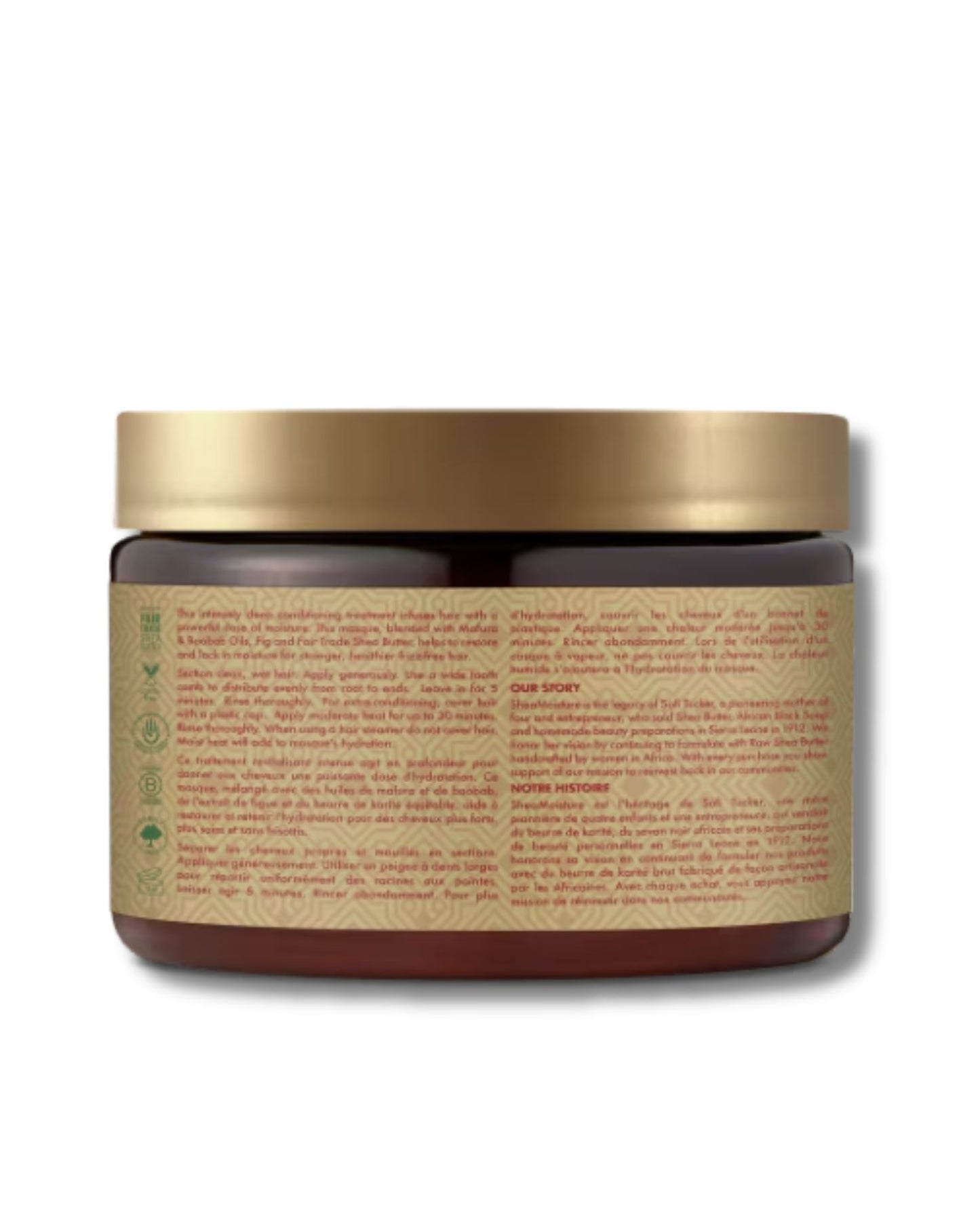Usage directions and brand story on the back of a Shea Moisture Manuka Honey & Mafura Oil Intensive Hydration Hair Masque jar.
