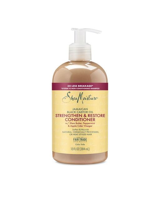 Shea Moisture Jamaican Black Castor Oil Strengthen and Restore Conditioner with Shea Butter, Peppermint, and Apple Cider Vinegar, 13 fl oz pump bottle.