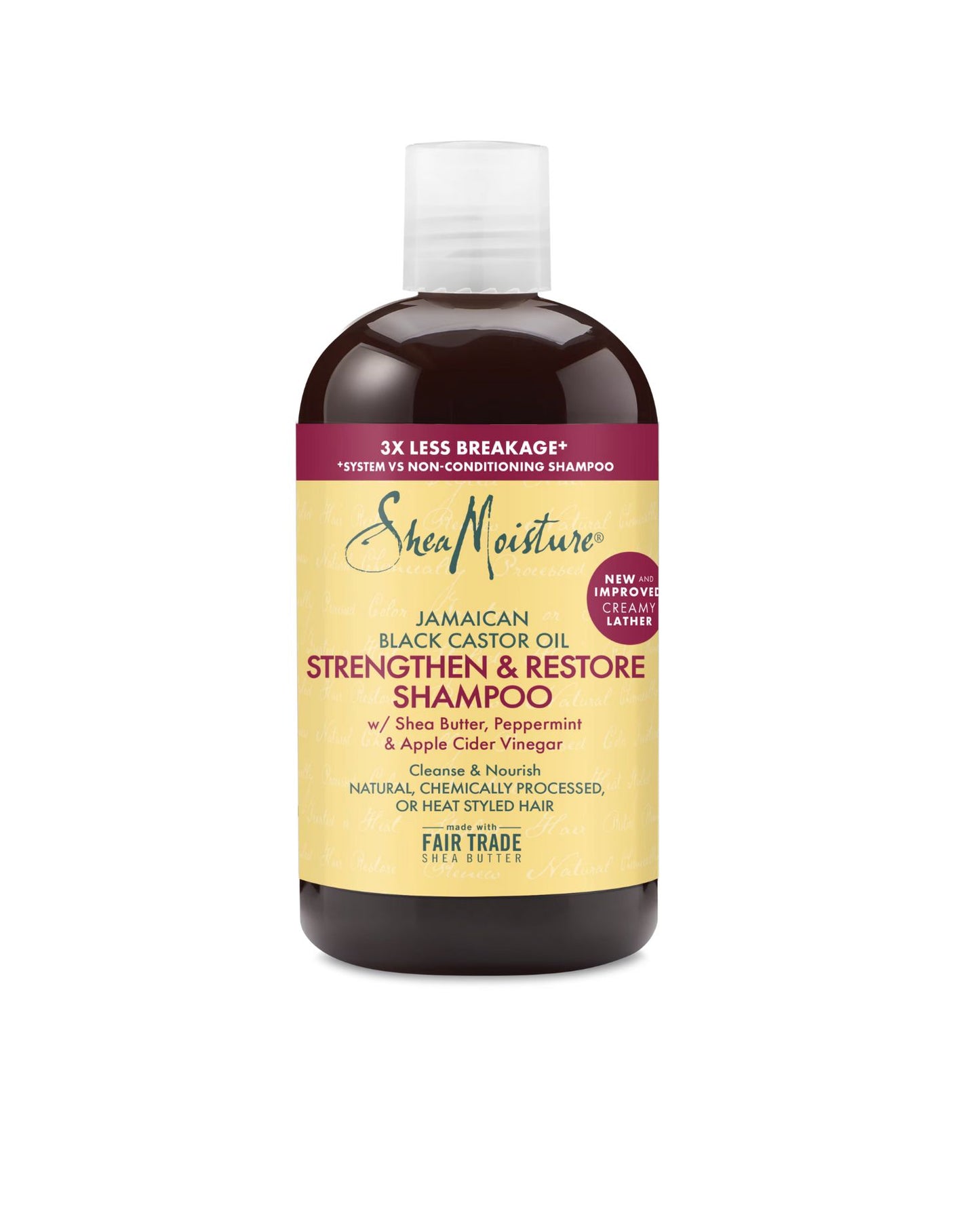 Shea Moisture Jamaican Black Castor Oil Strengthen and Restore Shampoo with Shea Butter, Peppermint, and Apple Cider Vinegar for natural or heat-styled hair.
