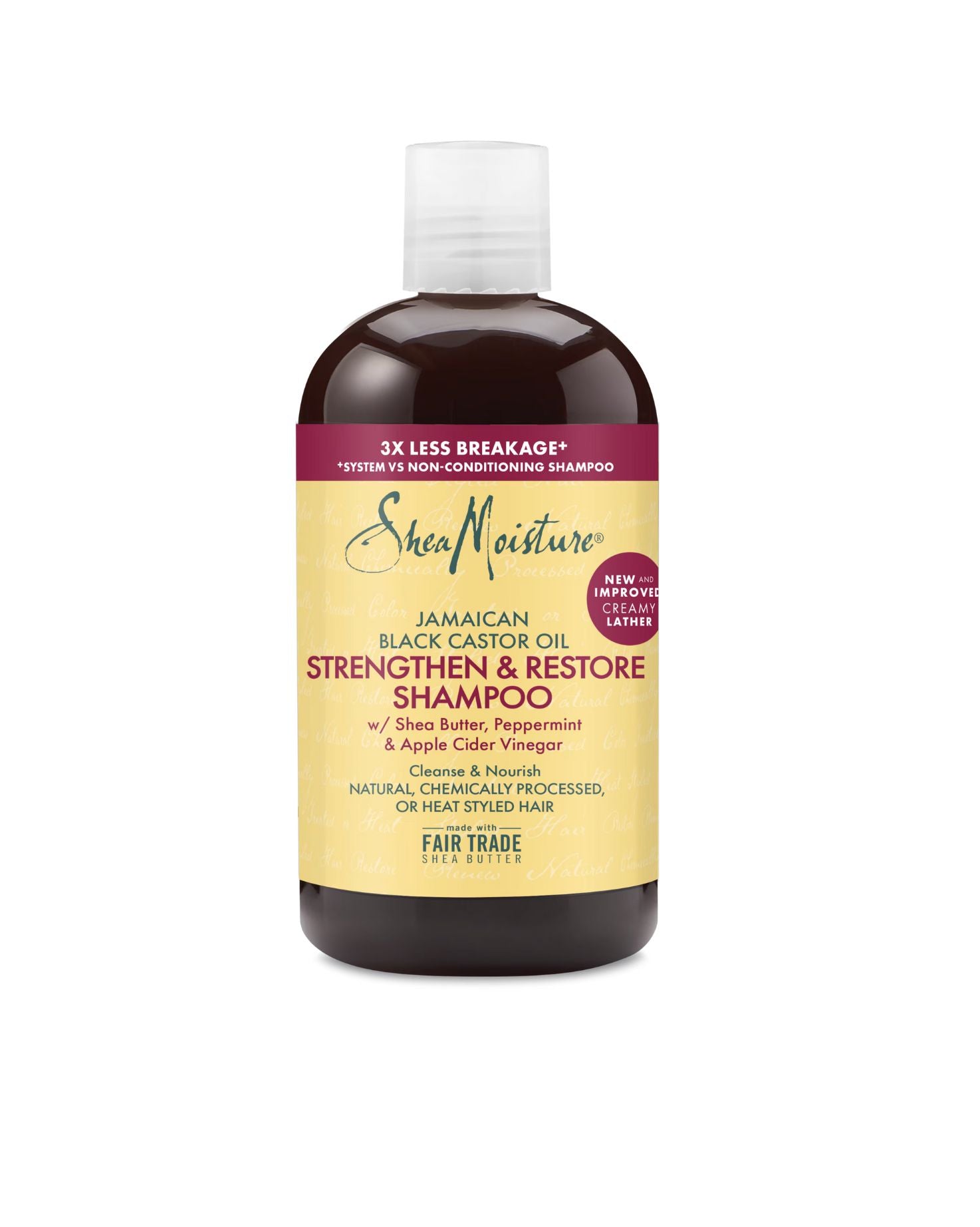 Shea Moisture Jamaican Black Castor Oil Strengthen and Restore Shampoo with Shea Butter, Peppermint, and Apple Cider Vinegar for natural or heat-styled hair.
