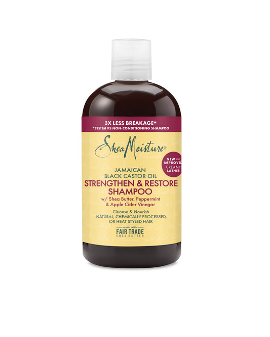 Shea Moisture Jamaican Black Castor Oil Strengthen and Restore Shampoo with Shea Butter, Peppermint, and Apple Cider Vinegar for natural or heat-styled hair.